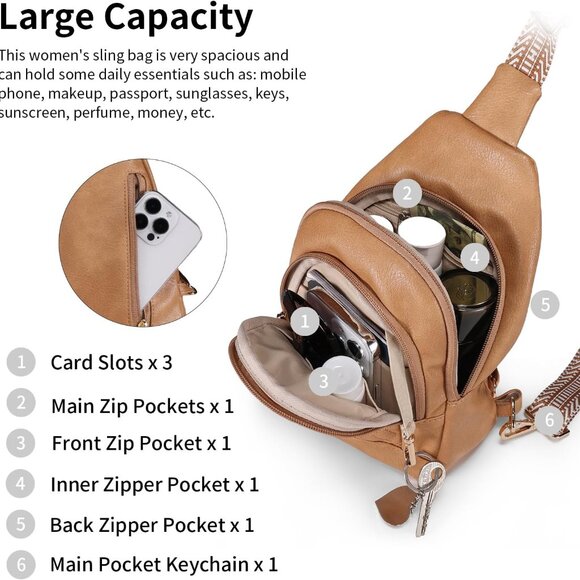 Light Brown Anti-theft Crossbody Sling Handbag for Stylish Women - 6.7x3.5x9.5" - Picture 6 of 7